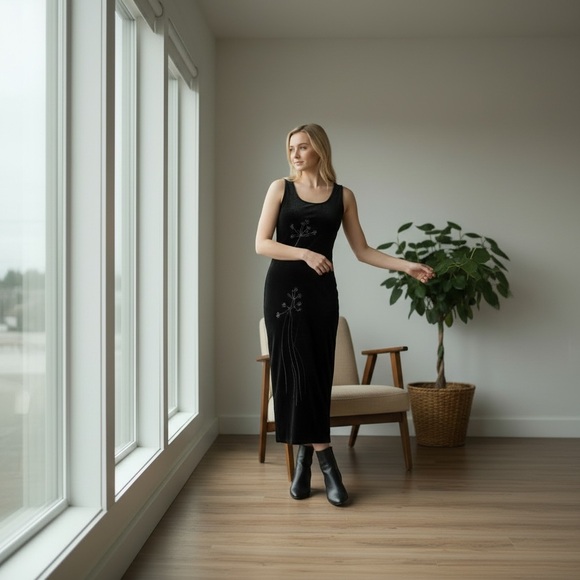 Karen Kane Black Aquamarine Maxi Dress Velvet Floral Graphic - Picture 8 of 8